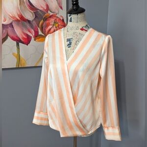 Pink & white wrap front striped blouse